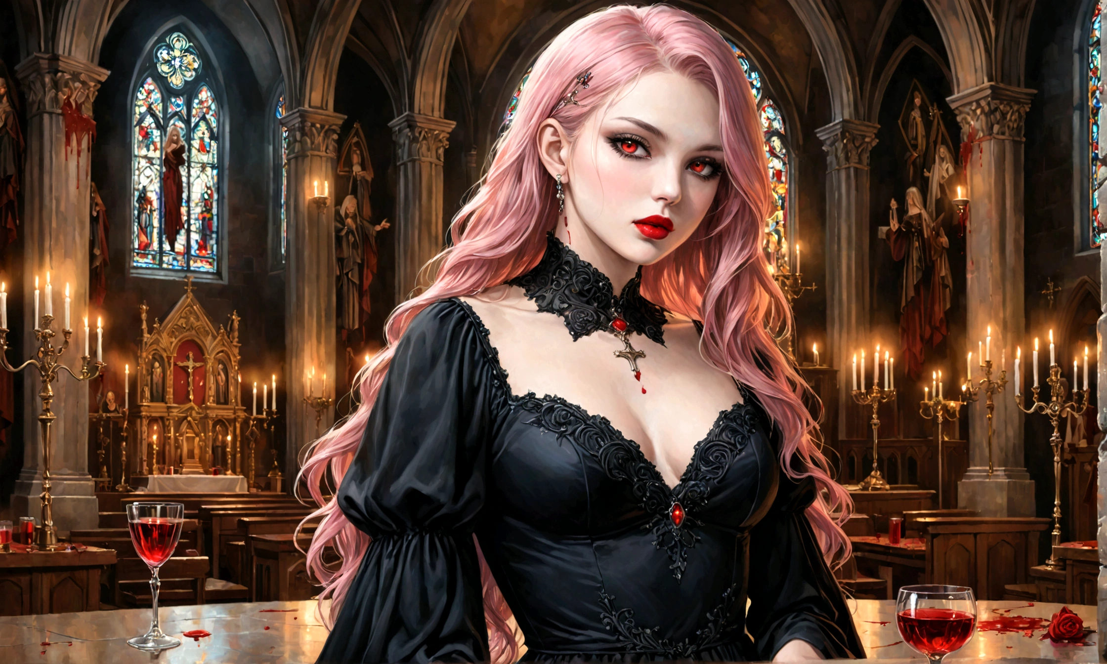 Arafed, dark fantasy art, glamour shot, award winning shot, photorealistic, a portrait of a female vampire drinking a glass of blood,, pink hair, long hair, red lips, glowing eyes, there is an imprint of white rose, dynamic color, she wears, an elegant (black dress: 1.5), blood dripping from lips, catholic church and altar background, bar background, 16k, ultra detailed, masterpiece, best quality, (extremely detailed), Dark Art Painting Style