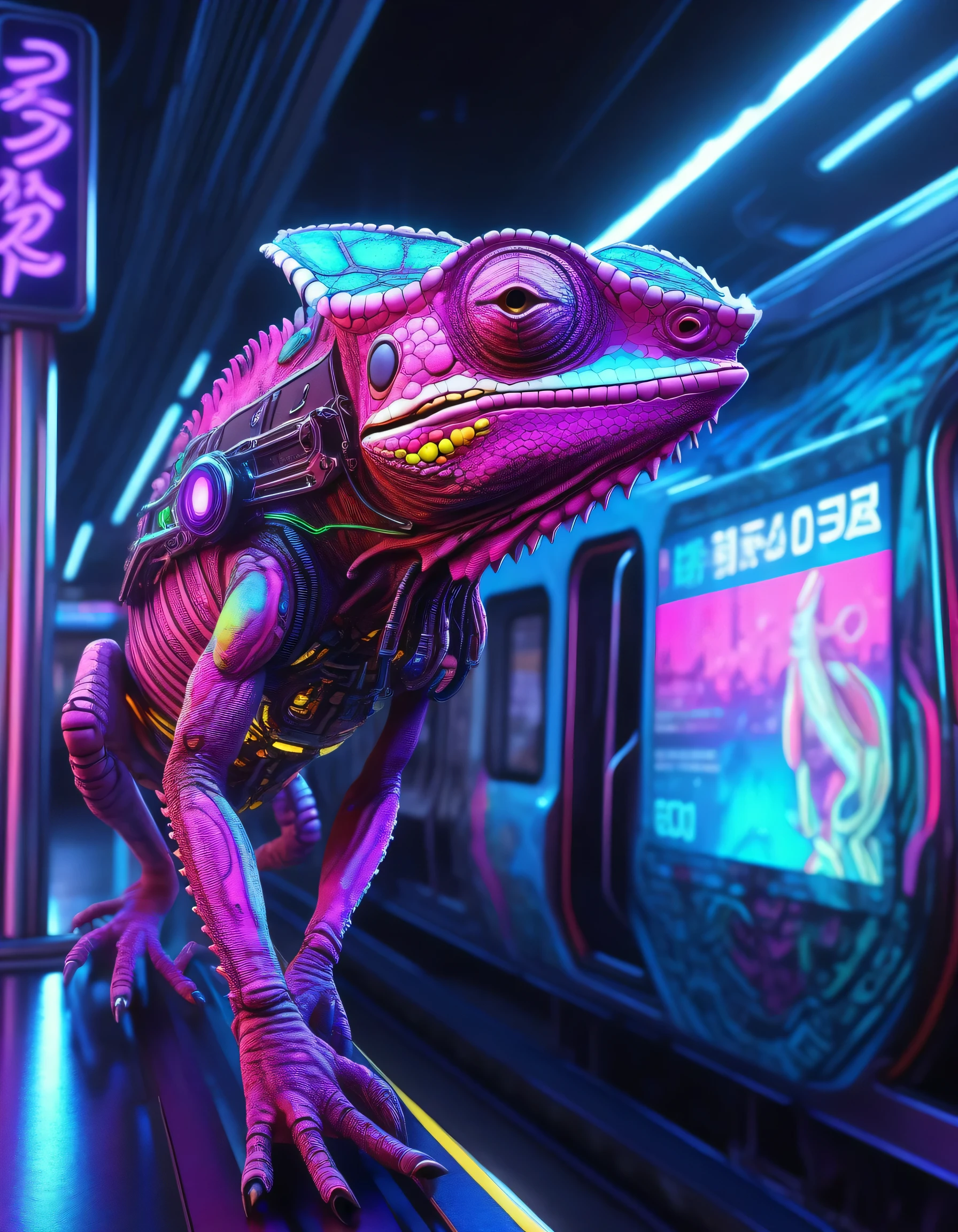 a cyborg chameleon, with cyberpunk elements, realistic details, positioned on a subway platform, intense and colorful neon lighting, in a futuristic Tokyo setting with high-tech trains and holographic advertisements, realistic art style, 4K resolution