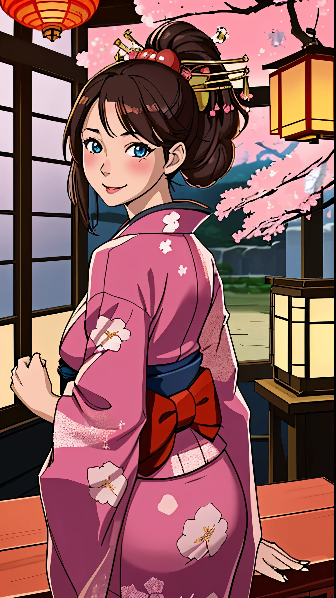 A masterpiece of a high school girl wearing a provocative kimono: A 16K UHD masterpiece unfolds in a Japanese-style room decorated with cherry blossoms and lanterns。An attractive young woman with brown hair flowing down her back、She wears a flowing kimono that accentuates her curves.。Her blue eyes sparkle with admiration as she smiles with her mouth open.、Her detailed features give off a blushing charm。Photorealistic images are、From the stitching on your kimono to every strand of hair、It captures every detail as the light flows gently behind her.。Her long fingers are adorned with intricate nails