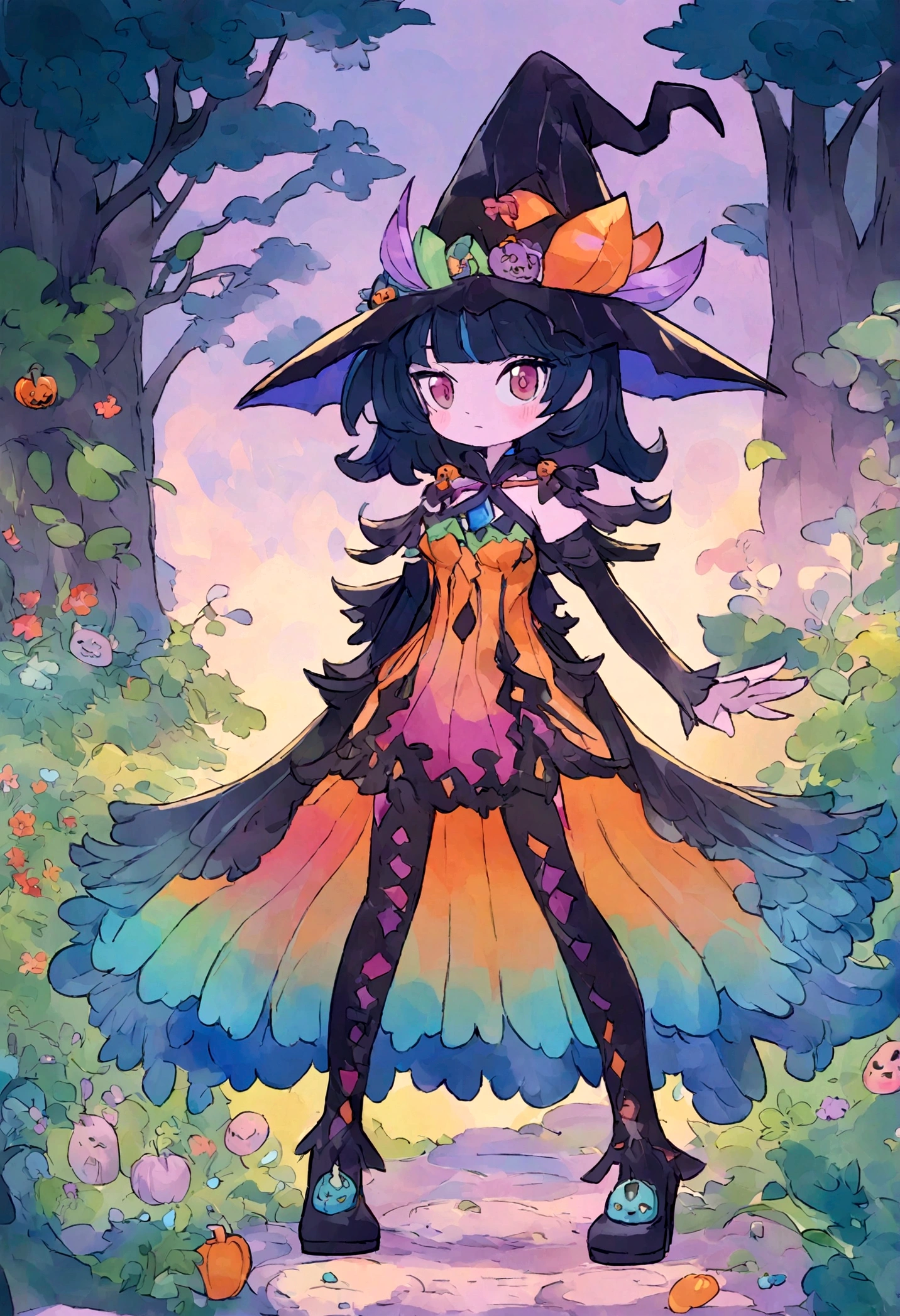 Una bruja caprichosa de Halloween, dressed in a vibrant and playful outfit, Standing in a magical forest full of colorful splashes of charm. Estilo de dibujos animados con efecto acuarela, 2d, y un fondo blanco. Perfect for a character design or fantasy themed t-shirt design. Resolution: 8K.  -imaginar-