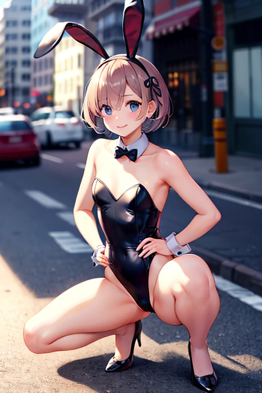 masterpiece, highest quality, High resolution, Rem, alone, Bunny ears, Playboy Bunny, Brown Hair, head band, Hair Ribbon, short hair, Moderate,, Hands on hips, squat, Leg spread, street, smile,