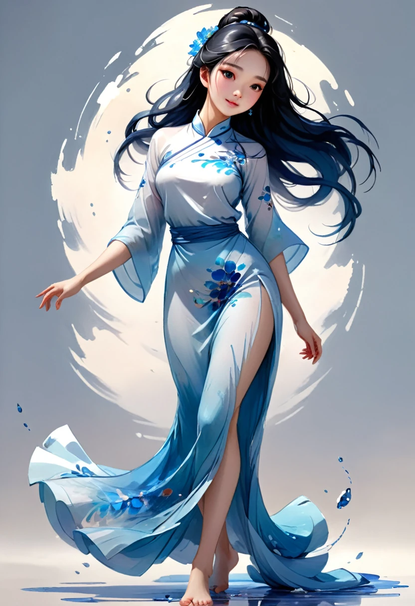 Illustration style, award winning art, Traditional Chinese painting style, Ink wash painting style, Flowing brushstrokes, by Agnes Cecile, Rich in layers, Classical Chinese maiden painting, The perfect fusion of modern art and traditional Chinese painting, Full-body view, A Chinese girl, Extremely beautiful countenance, Classical beauty of the East, Long hair, Silk-textured clothing, weared in translucent crystal sculpture glitch, Perfect female body, Graceful Eastern woman, octane render masterpiece, Scattered Watercolors,masterpiece scale, Falling petals, beautiful depth of field, ultra detailed CG perspective, ultra dynamic lighting amazing shadows
