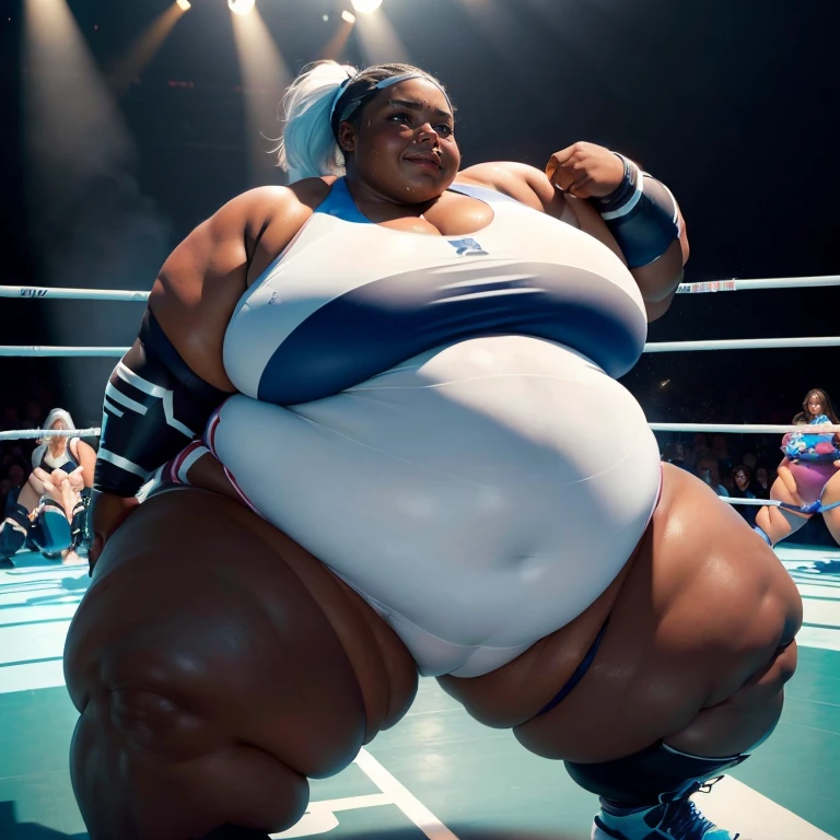 ((Dark skin)), ((dark skinned female)), ((giantess)), ((strongfat)), ssbbw, obese, ((strong arms)), white hair, blue eyes, ((tall)), (gentle smile), (wrestling gear), gigantic, insanely large belly, sweaty, subtle blush, (bare arms), ((gigantic biceps)), leotard, fingerless gloves, wrestling ring background, clear face, large eyes, ((heavy shading on lower half of the body)), ((cute face))