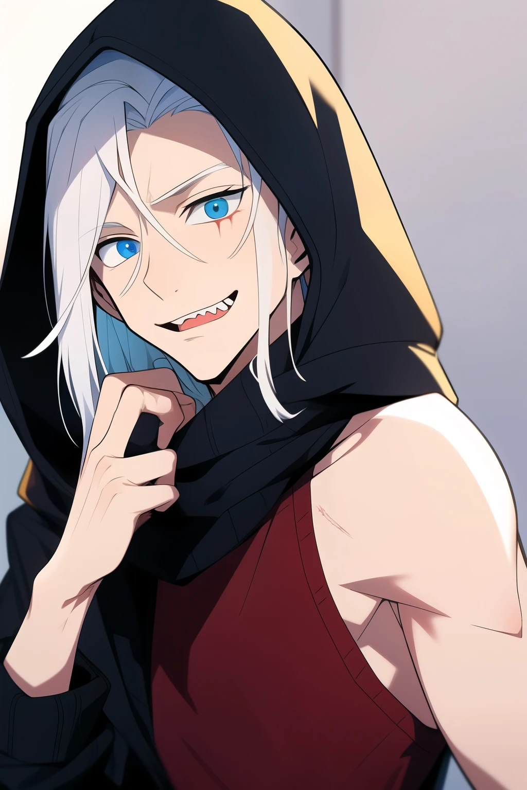 ((melhor qualidade)), ((Obra de arte)), (detalhado), 1 garota, shoulder to shoulder sweater, a man 1.70 tall with pale skin, one black eye with a red pupil and the other blue, has several scars on his body, his hair is long and white, his teeth are sharp
wears a black hood