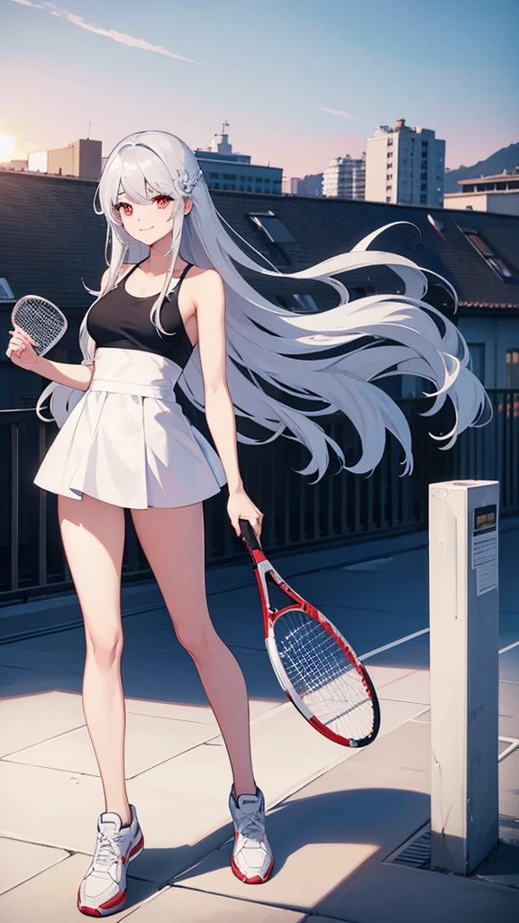 Beautiful woman, full body, hair, white and silver, red eyes, long hair, playing tennis, on the roof of a building smiling, looking at the sky