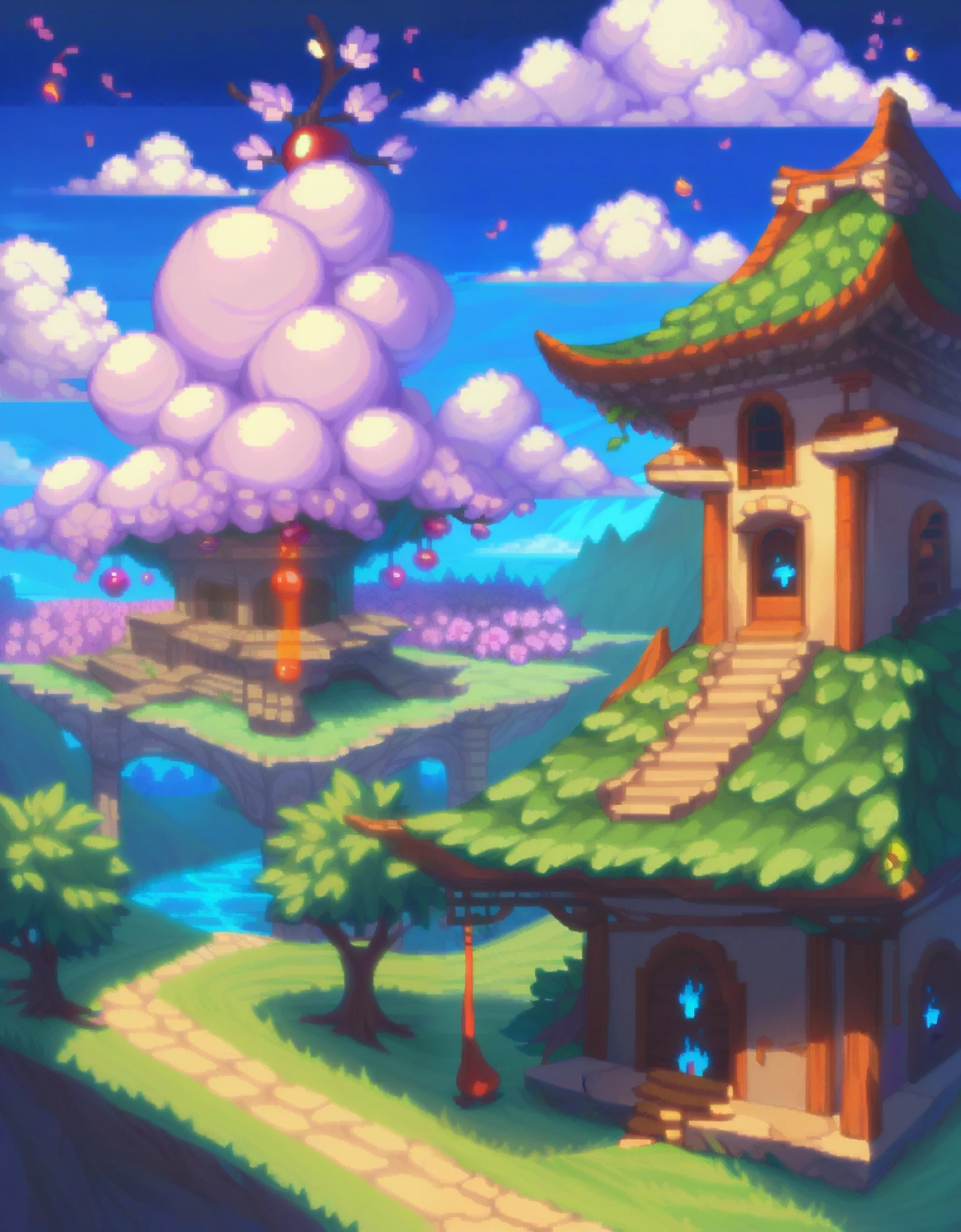 score_9, score_8_up, score_7_up, PDXL, pixel art, hyperlight, hyper light drifter, floating islands, cherry trees, temple, glowing runes, dead giant creature, night, night sky,, pixel art, 8 bits,