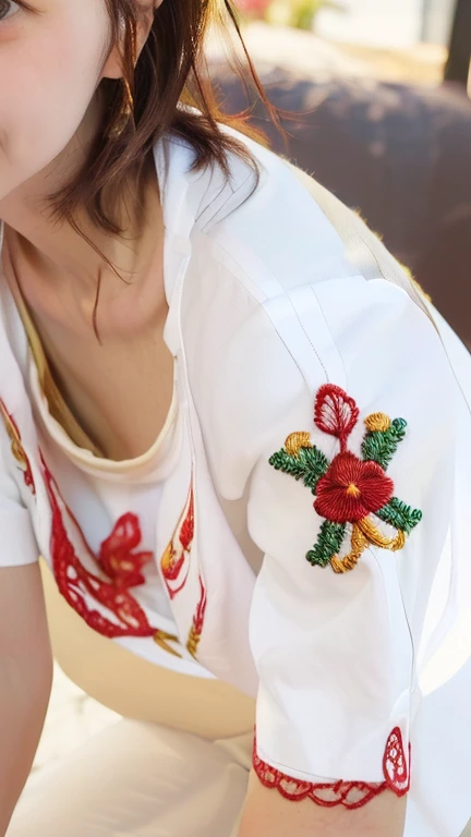 (masterpiece:1.3), (8k, Photorealistic, RAW Photos, Best image quality: 1.4), Japanese, (1 girl), Beautiful Face, (A vivid face), (short hair:1.3), Beautiful Hairstyles, Realistic eyes, Beautiful Eyes, (Realistic Skin), Beautiful Skin, charm, 超A high resolution, Surreal, High detail, Golden Ratio, Detail Makeup,Seeing the viewer,Big Breasts、Sexy blouse、Business Pants、office、Trim pubic hair、(whole body:1.4)、(Looking this way、Turning his body towards me、front、forward leaning posture、munechira:1.3)、(The bra is slightly visible、Brasilia:1.3)、(White shirtを着ている、Round neck shirt、A shirt with a slightly open chest、White short sleeve shirt、White shirt:1.8),(Her beige underwear is barely visible.、Her red floral embroidered underwear is barely visible.:1.4)、(Cleavage:1.2),smile、smile