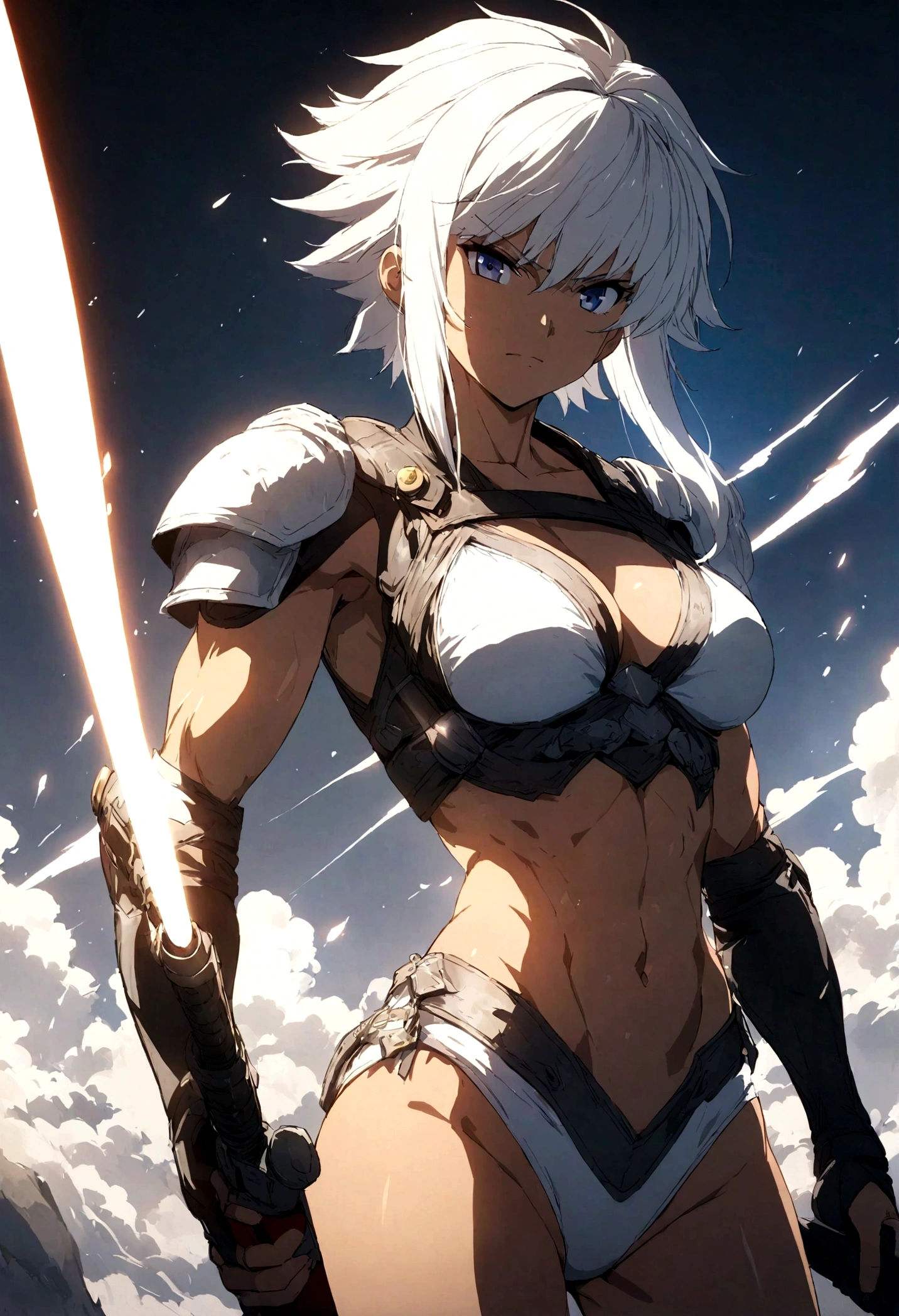 fighter.with honor and pride.tough,anime.girl.holding ak47u.white hair.perfect body