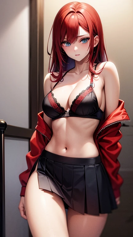 An anime girl with red hair and blue eyes wearing a skirt and an open shirt revealing a black and red lace bra