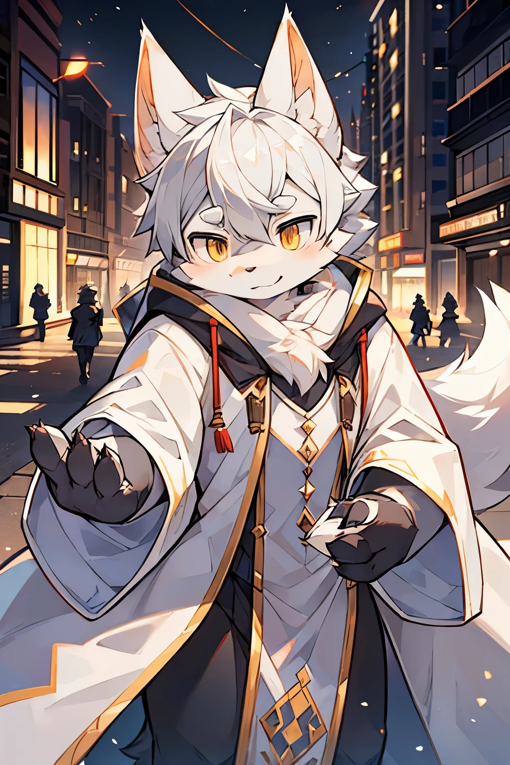 Exquisite lines，best quality。male，Gray wolf orcs，White robe，Golden pupils，Background city bustling streets，night