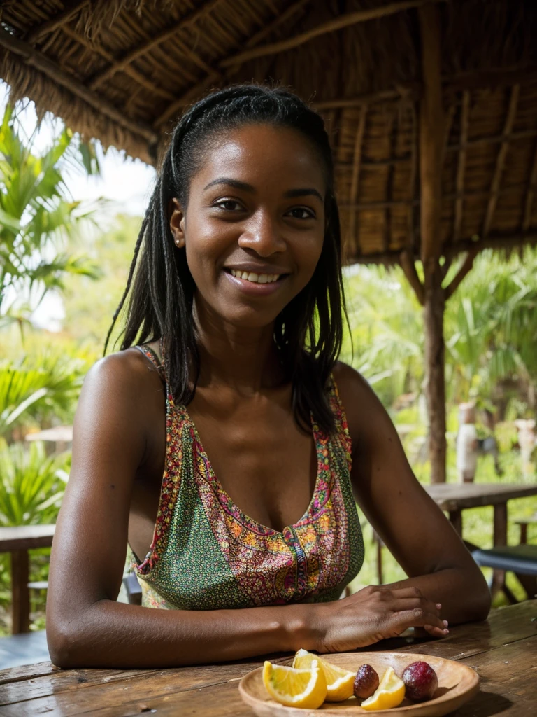 Portrait of beautiful slim (YES SFW), [Beautiful 59 yo African woman. Fit, tall. Long braided hair. (joy)]. (very dark skin, black skin, ebony, Nigerian woman). Hippie bohemian woman. (Two Hands in her face). Pale skin. Light blonde short wavy hair. Looking confident at camera. Having a natural fruit juice in a wooden hut. (Elbows on the table). bohemian Blouse.