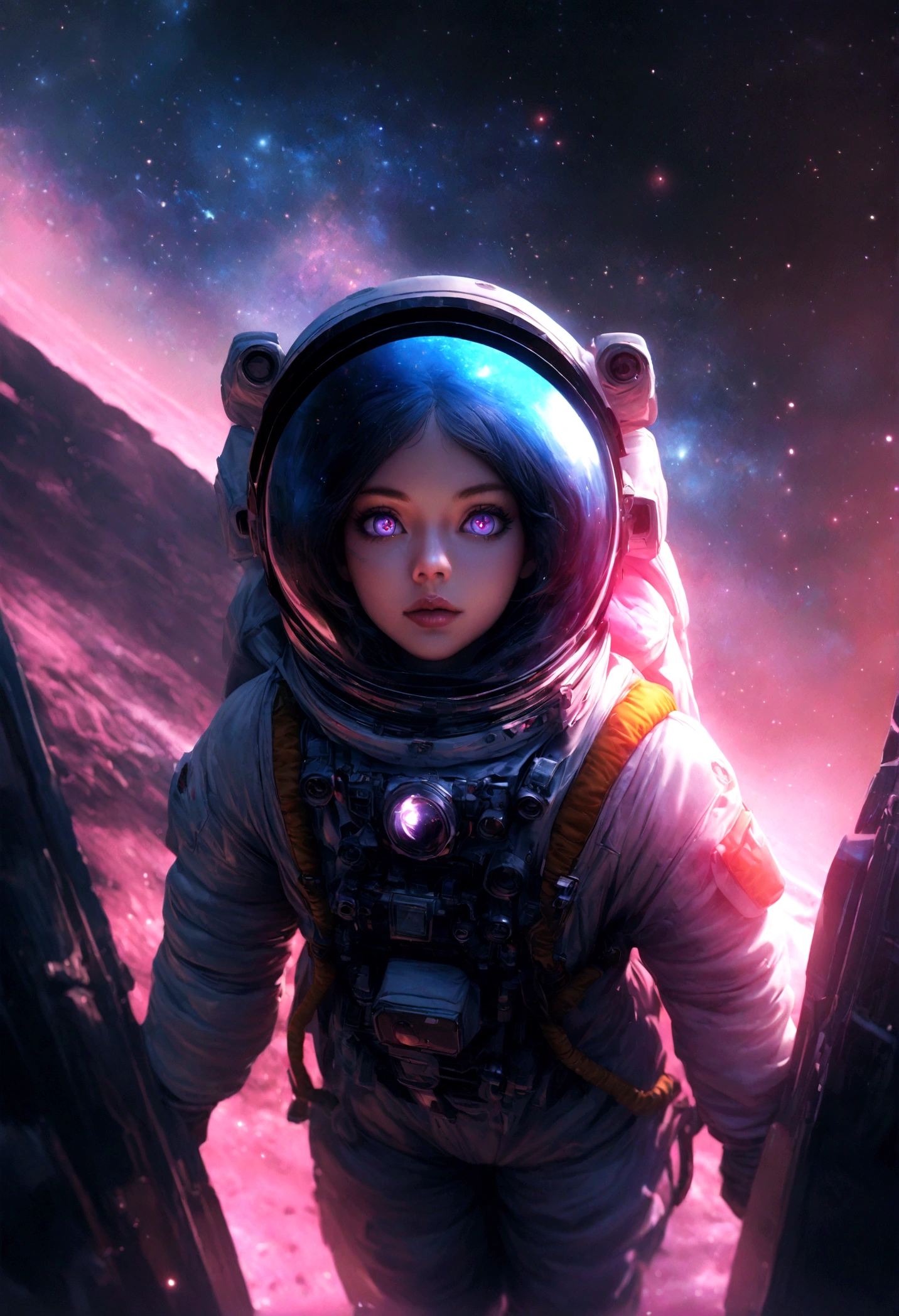 beautiful detailed eyes, beautiful detailed lips, extremely detailed eyes and face, long eyelashes, 1girl, astronaut suit, walking in space, galaxy, nebula, stars, sci-fi, cinematic lighting, dramatic, hyperrealistic, 8k, hyper detailed, photorealistic, volumetric lighting, depth of field, cinematic composition, vibrant colors, glowing, ethereal, mystical, magical