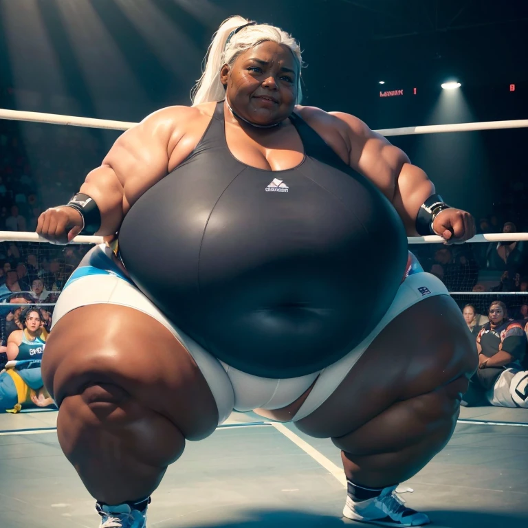 ((Dark skin)), ((dark skinned female)), ((giantess)), ((strongfat)), ssbbw, obese, ((strong arms)), white hair, blue eyes, ((tall)), (gentle smile), (wrestling gear), gigantic, insanely large belly, sweaty, subtle blush, (bare arms), ((gigantic biceps)), leotard, fingerless gloves, wrestling ring background, clear face, large eyes, ((heavy shading on lower half of the body)), ((cute face)), ((muscular biceps)), ((looking down at viewer))