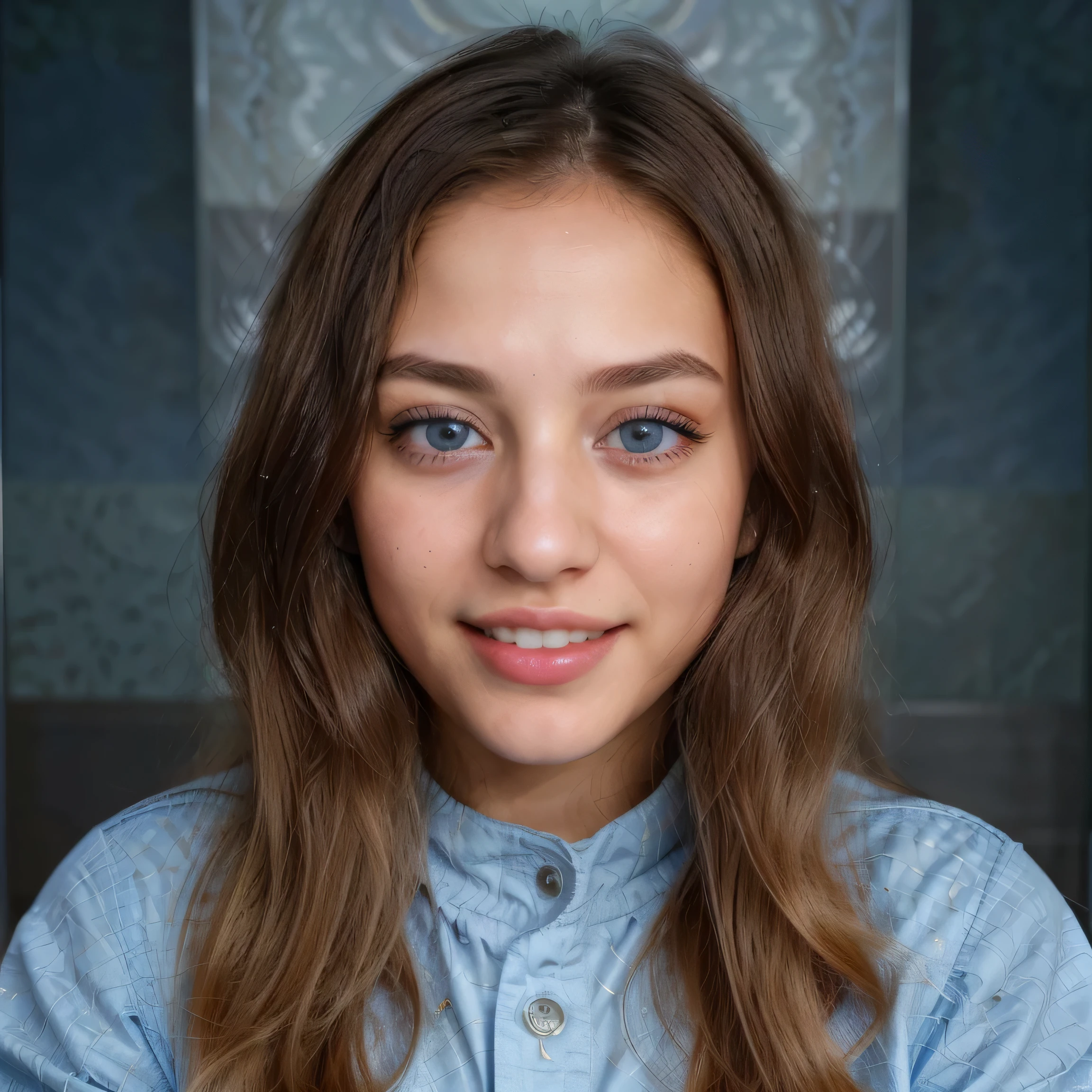 (8k, highest quality, ultra detailed:1.37, mid-range image),1girl, white teethes, small nose, big eyes, 18yo, black jacket, in a dentist clinic, setting on the dentist chair, light blue eyes, small head, acne,bad skin,small nose, acne skin, real, thick hair, super realistic detailed eyes, super realistic detailed teethes, Arab women, modest, attractive smile, white teeth, showcases her unique fashion sense in a trendy setting. The high-resolution image captures ultra-detailed realism, highlighting confident pose, captivating eyes, big eyes, and flawless complexion.