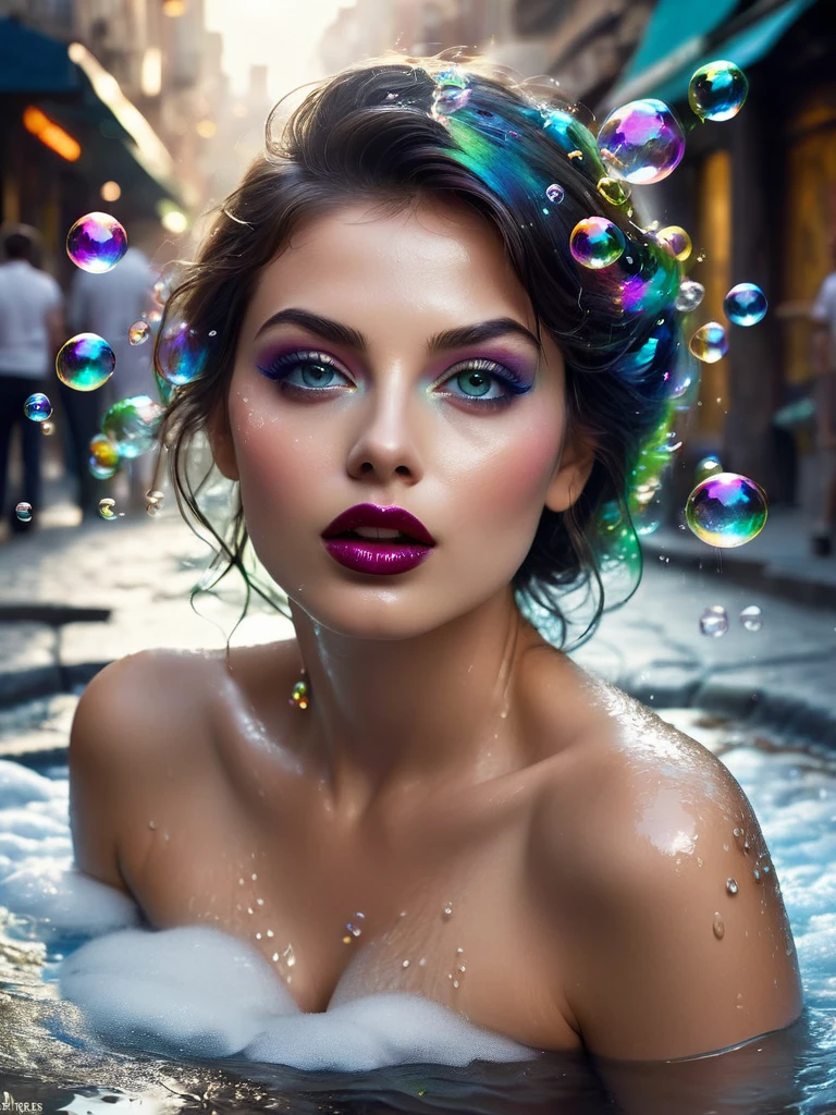 Aggressive hot beauty taking bath in street, enjoying , sharp look, wide eyes, very dark lips, flora, , bubbles, soap, street festival background , gorgeous, , Broken Glass effect, no background, stunning, something that even doesn't exist, mythical being, energy, molecular, textures, iridescent and luminescent scales, breathtaking beauty, pure perfection, divine presence, unforgettable, impressive, breathtaking beauty, Volumetric light, auras, rays, vivid colors reflects