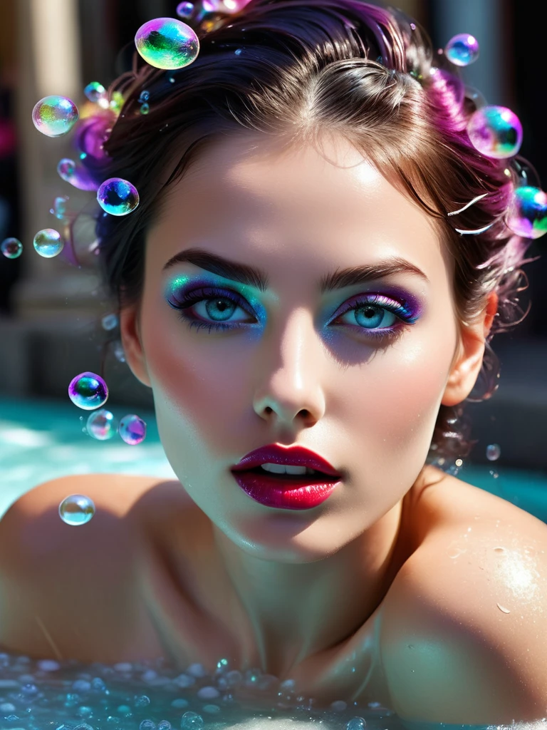 Aggressive hot beauty taking bath in street, enjoying , sharp look, wide eyes, very dark lips, flora, , bubbles, soap, street festival background , gorgeous, , Broken Glass effect, no background, stunning, something that even doesn't exist, mythical being, energy, molecular, textures, iridescent and luminescent scales, breathtaking beauty, pure perfection, divine presence, unforgettable, impressive, breathtaking beauty, Volumetric light, auras, rays, vivid colors reflects