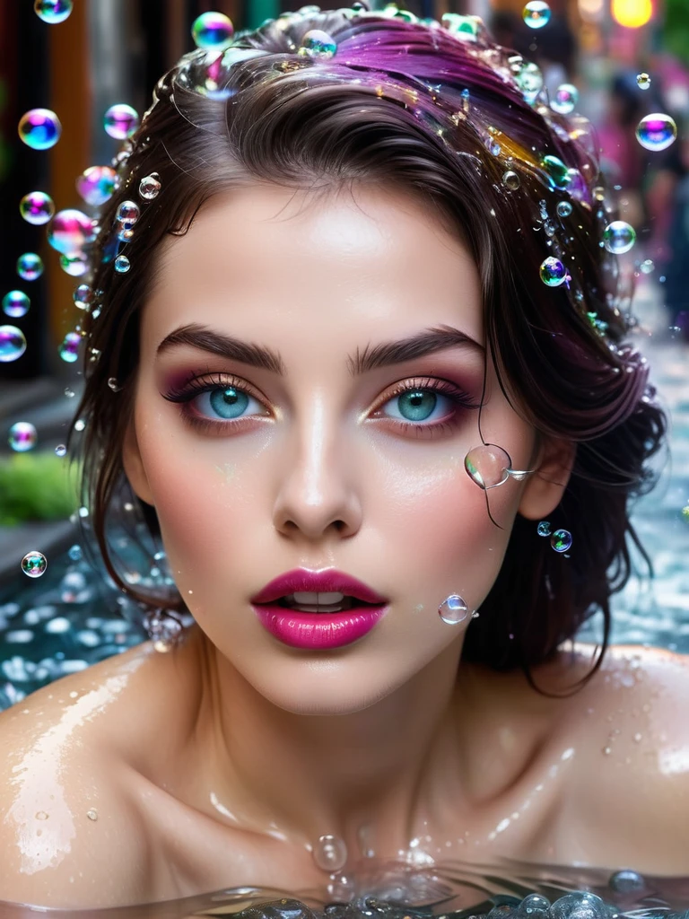 Aggressive hot beauty taking bath in street, enjoying , sharp look, wide eyes, very dark lips, flora, , bubbles, soap, street festival background , gorgeous, , Broken Glass effect, no background, stunning, something that even doesn't exist, mythical being, energy, molecular, textures, iridescent and luminescent scales, breathtaking beauty, pure perfection, divine presence, unforgettable, impressive, breathtaking beauty, Volumetric light, auras, rays, vivid colors reflects