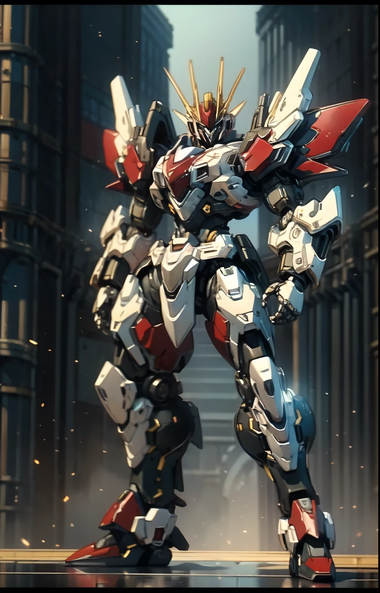 Humanoid Mecha, fully enclosed shoulder guards, matching arm and leg guards, full body, full armor, the design balances heavy with agility, (the color scheme is primarily white with red and blue accents, the concept Inspired by Super robot, organic biotech armor, standing, floating high above the futuristic sci-fi city), exquisite and mature art style, (aura effect, energy, glowing eyes, the armor glows), ((SRS)), metallic, dynamic, dramatic, high definition, best quality, highres, ultra-detailed, ultra-fine painting, extremely delicate, professional, perfect body proportions, anatomically correct, symmetrical face, extremely detailed eyes and face, high quality eyes, creativity, RAW photo, UHD, 32k, Natural light, cinematic lighting, masterpiece-anatomy-perfect, masterpiece:1.5