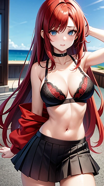 An anime girl with red hair and blue eyes wearing a skirt and an open shirt revealing a black and red lace bra