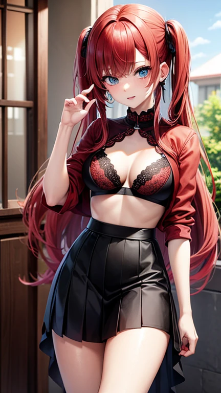 An anime girl with red hair and blue eyes wearing a skirt and an open shirt revealing a black and red lace bra