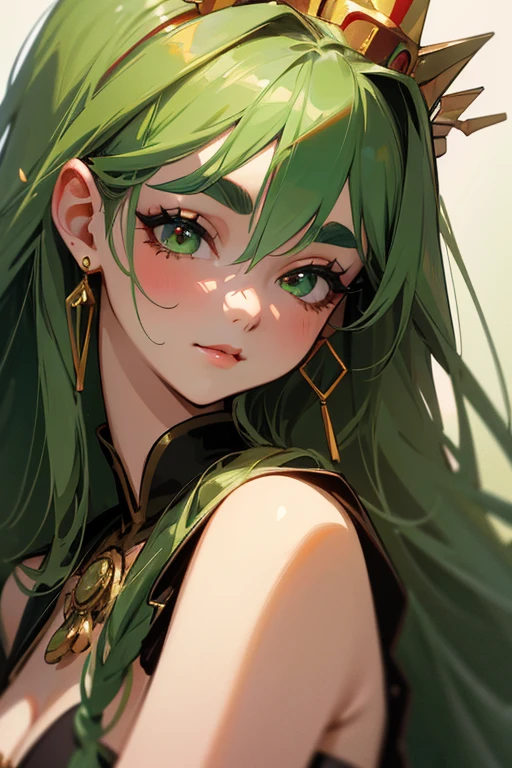 (highest quality, masterpiece:1.2), High resolution, Very detailed, Realistic:1.37, Fantasy, An illustration, Green Eyes、Queen, Red and green swimsuit、Platinum decoration、beautifully、Eyeshadow Red、Thick eyebrows、Long eyelashes、pupils are black、Her hair is dark green、Gold crown、Kissing Face、Embarrassing、Beloved by the crowd、Hair is green、Braiding、hair ornaments、Laugh gently、Close one eye、Wink、Wink、From the waist up。
