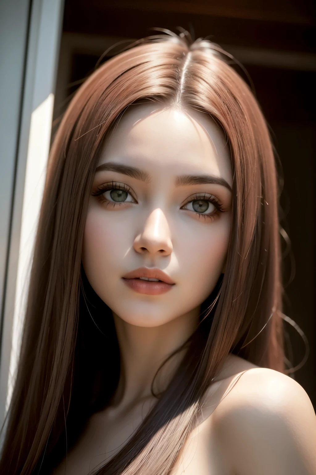 1 garota, olho estrela, corar, perfect lighting, cabelo vermelho, olhos vermelhos, Motor irreal, side lighting, rosto detalhado, franja, pele brilhante, fundo simples, fundo escuro