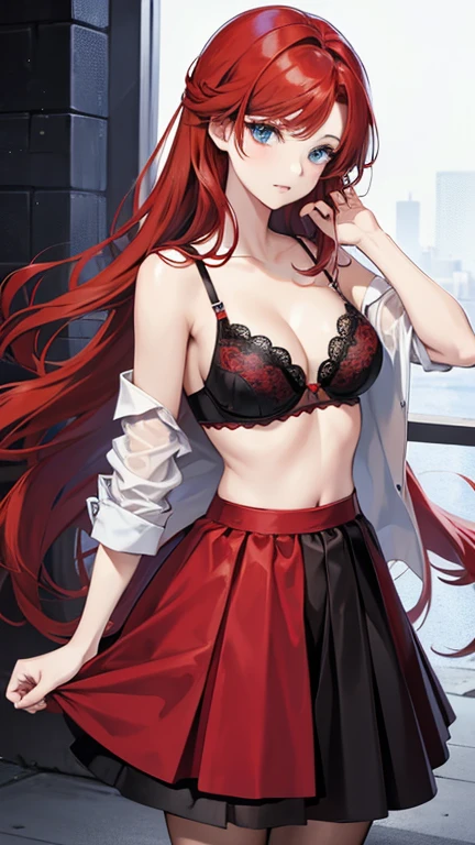 An anime girl with red hair and blue eyes wearing a skirt and an open shirt revealing a black and red lace bra