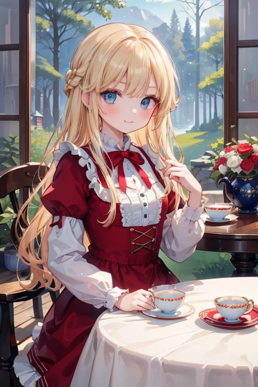 (8k, highest quality, Tabletop:1.2)、Ultra-high resolution, Detailed face, One 10-year-old girl, smile、blue eyes, blonde, Braiding, Long Hair, Red ribbon on head, Red dress, blue sky, in the forest, wood, table cloth, Set of cake and tea on the table, Sit on a chair、Victorian dress