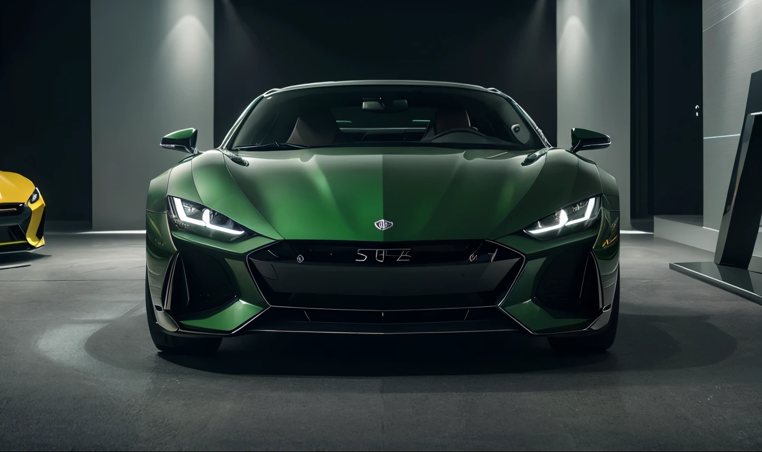 a green car, 3 cars, detailed engine, intricate details, shiny metallic paint, realistic lighting, photorealistic, 8k, high resolution, hyper detailed, studio lighting, cinematic, dramatic lighting, dynamic composition, glossy reflection, chrome accents, sleek design, luxury vehicle, impressive scale, cinematic framing, masterpiece, best quality