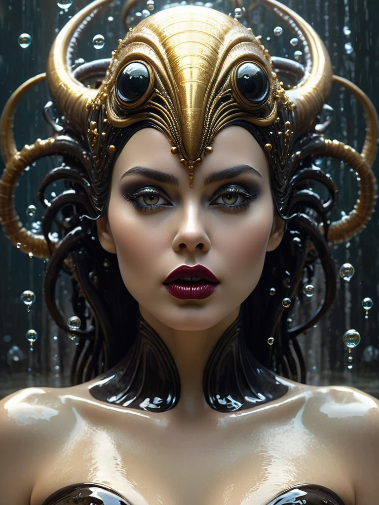 Aggressive hot beauty taking bath in lake, enjoying , sharp look, wide eyes, very dark lips, flora, , bubbles, soap, Autumn festival background , gorgeous, , sf, intricate artwork masterpiece, ominous, matte painting movie poster, golden ratio, trending on cgsociety, intricate, epic, trending on artstation, by artgerm, h. r. giger and beksinski, highly detailed, vibrant, production cinematic character render, ultra high quality model