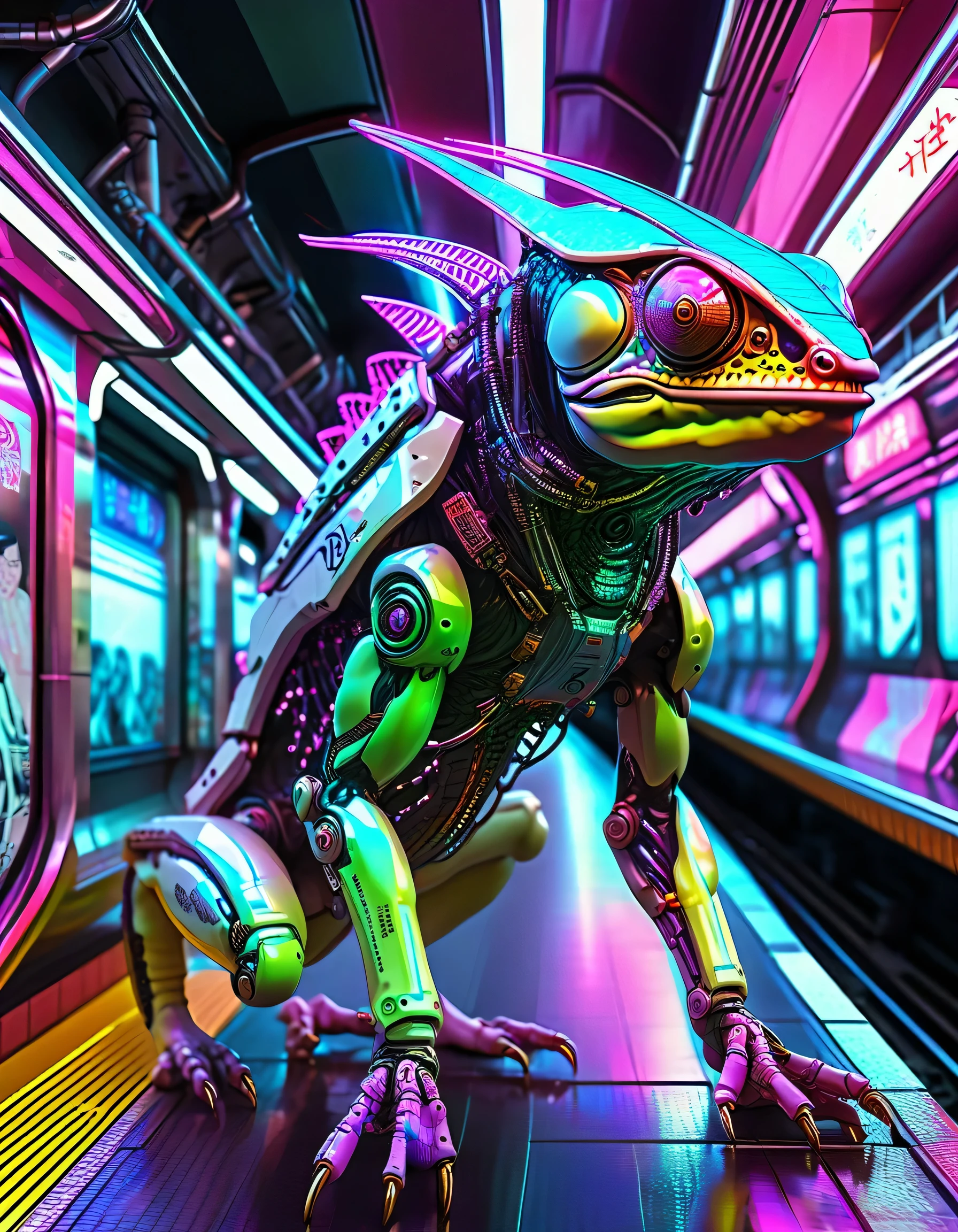 a cyborg chameleon, with cyberpunk elements, right side angle, realistic details, positioned on a subway platform, intense and colorful neon lighting, in a futuristic Tokyo setting with high-tech trains and holographic advertisements, Jim Lee art style