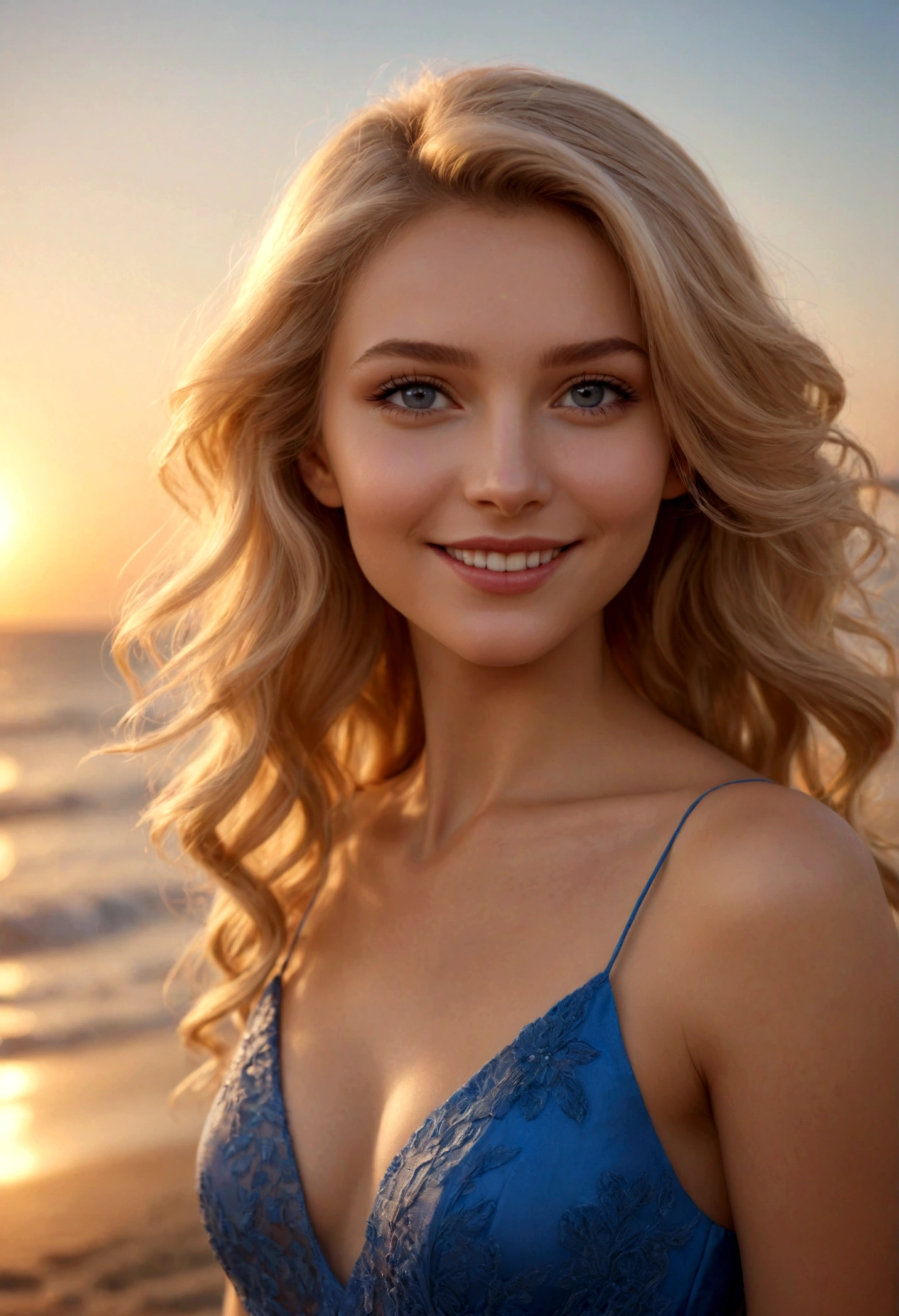 beautiful blonde in an elegant blue dress (on a beach in the background at sunset), Very detailed, defined features, ultrarealimo, 25 years old, elegant posture, straight and natural blonde hair, light brown eyes, high resolution, artwork, best quality, intricate details, highly detailed, sharp focus, detailed skin, Realistic skin texture, texture, detailed eyes, professional, 4k, charming smile, shot on Canon, 85mm, shallow depth field, Kodak Vision Colors, perfectly shaped body, extremely detailed, photo_\(ultra\), photoRealistic, Realistic, Post-processing, maximum detail, roughness, Real life, ultra Realistic, photorealism, photography, 8k hd, photography