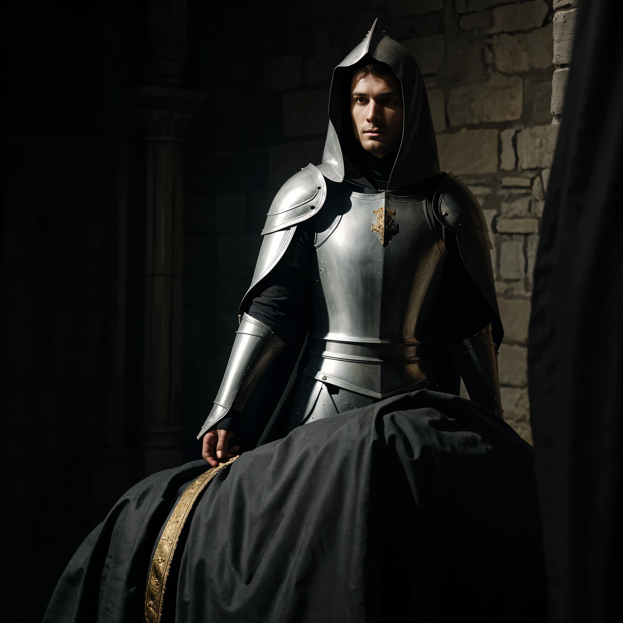 Photo of a knight in armor, in the Soft Royal Cloak in the black room 