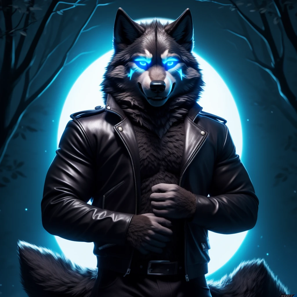 Posing, Male, 30 years old, biting lip smile, black leather jacket, bedroom eyes, anthro, wolf ears, (blakck fur:1.5), wolf, forest background, 8k, hi res, (best quality, masterpiece), blue glowing eyes, (wolf tail:1.5), detailed fur