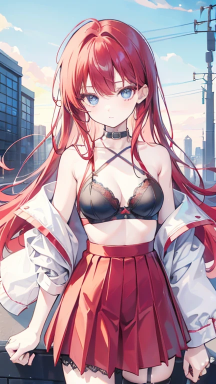 An anime girl with red hair and blue eyes wearing a skirt and an open shirt revealing a black and red lace bra