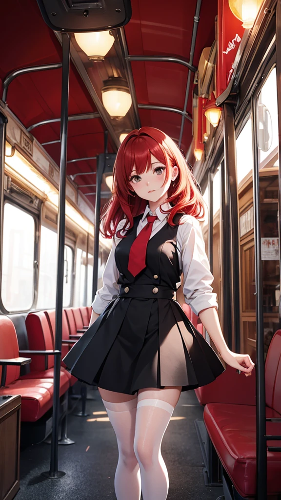 Create detailed image of full-bodied, red-haired Woman, white shirt, short red tie, black skirt, tights, red heels, all miy realistic, illuminated and colorful with an antique train in the background