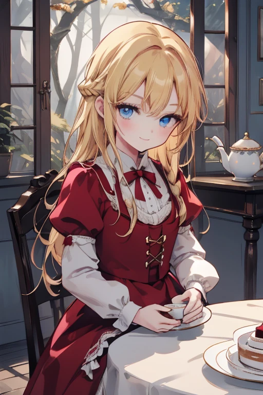 (8k, highest quality, Tabletop:1.2)、Ultra-high resolution, Detailed face, One 10-year-old girl, smile、blue eyes, blonde, Braiding, Long Hair, Red ribbon on head, Red dress, blue sky, in the forest, wood, table cloth, Set of cake and tea on the table, Sit on a chair、Victorian dress