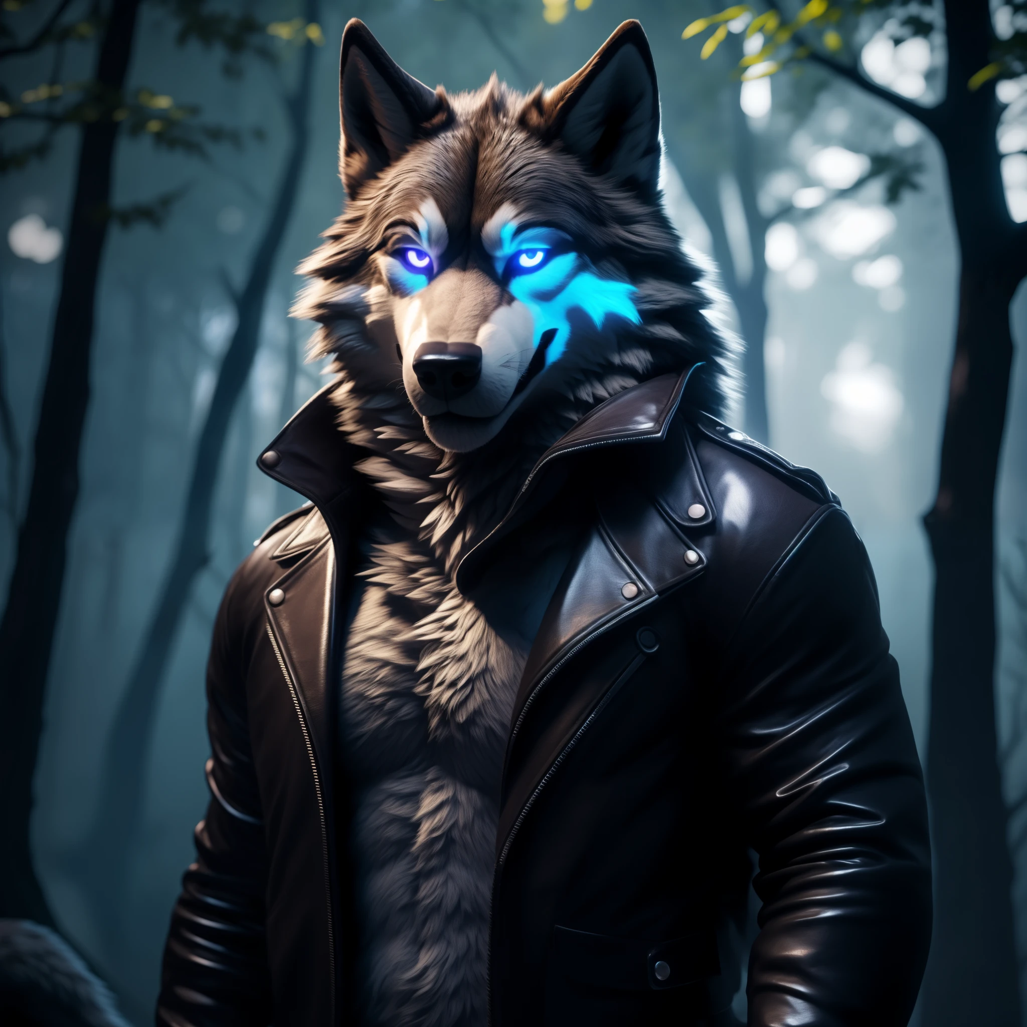 Posing, Male, 30 years old, biting lip smile, black leather jacket, bedroom eyes, anthro, wolf ears, (blakck fur:1.5), wolf, forest background, 8k, hi res, (best quality, masterpiece), blue glowing eyes, (wolf tail:1.5), detailed fur