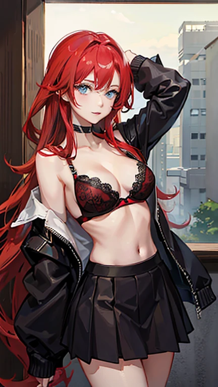 An anime girl with red hair and blue eyes wearing a skirt and an open shirt revealing a black and red lace bra