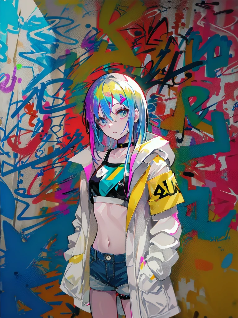 (best quality,1 woman,alone),(striped hair:white),(crop top:white),(sukajan coat),(dark denim shorts),(choker),(graffiti:1.25),(splash of color),(cigarette),(smoke),(nonsense),(lean back),(leaning against the wall),(tilt to the side:0.125),(watch the audience),(armband),(thigh strap),(paint on body),(eyes aimed upwards),(heading down),(tilt your head),(from the side:0.9),(expressionless:0.75),(hand into pocket)