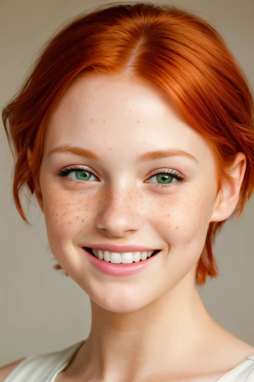 Ultra HD, 8k resolution image of a young redhead girl with a perfect lovely smile and green eyes. Her hair is cut short, sporting a stylish yet playful low-cut style. Small freckles scattered across her nose and cheeks add to her youthful and happy appearance. The image captures a moment of pure joy in her expression, radiating warmth and positivity. The details are astonishingly realistic, from the texture of her skin to the shimmer of her red hair under the soft natural lighting. This photograph, reminiscent of a beautiful masterpiece, showcases the artistry and skill of the photographer. The RAW image was expertly captured using a Nikon D850 with