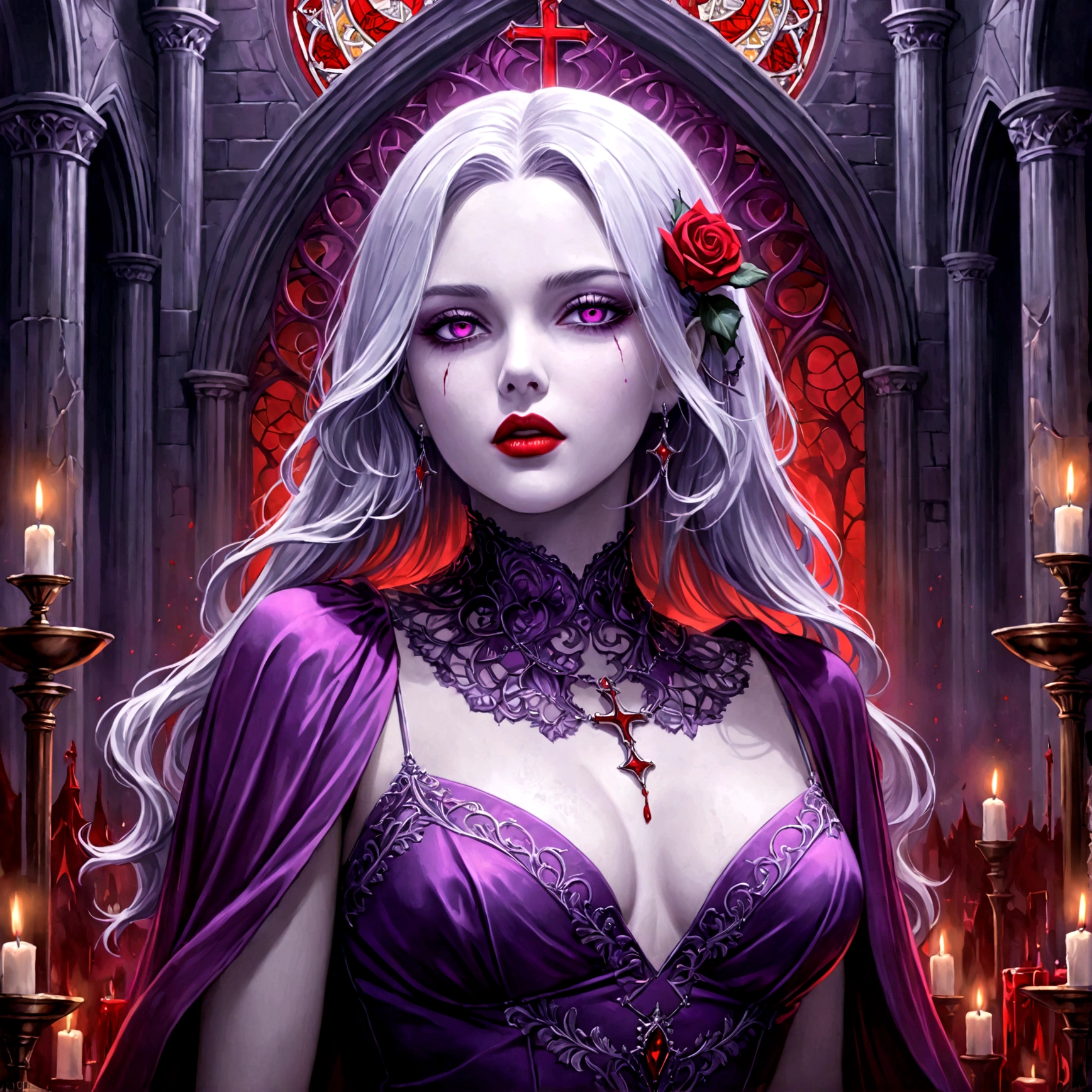 Arafed, dark fantasy art, glamour shot, award winning shot, photorealistic, a portrait of a female vampire drinking a glass of blood,, silver hair, long hair, red lips, glowing eyes, there is an imprint of ((white rose)), dynamic color, she wears, an elegant (purple dress: 1.5), catholic church and altar ackground, 16k, ultra detailed, masterpiece, best quality, (extremely detailed), Dark Art Painting Style, GlowingRunesAI_red