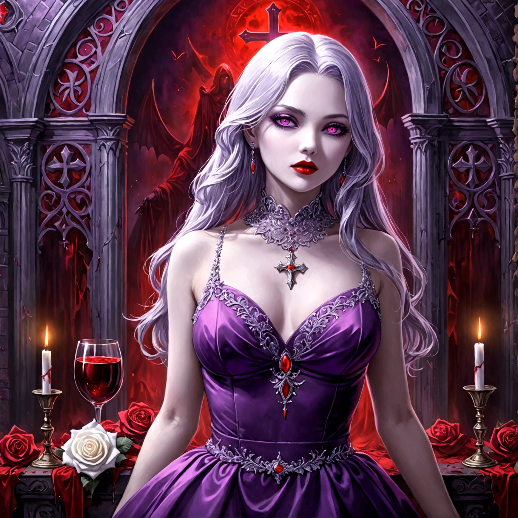 Arafed, dark fantasy art, glamour shot, award winning shot, photorealistic, a portrait of a female vampire drinking a glass of blood,, silver hair, long hair, red lips, glowing eyes, there is an imprint of ((white rose)), dynamic color, she wears, an elegant (purple dress: 1.5), catholic church and altar ackground, 16k, ultra detailed, masterpiece, best quality, (extremely detailed), Dark Art Painting Style, GlowingRunesAI_red