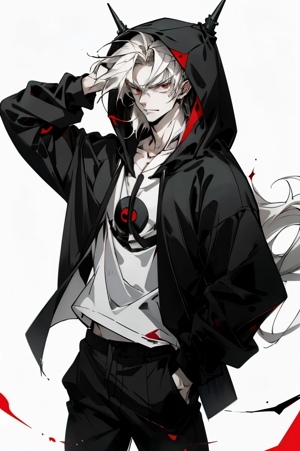 an anime man 1.70 tall with pale skin, one black eye with a red pupil and the other has several scars on his body, his hair is long and white, his teeth are sharp 
wears a black hoodie with a white shirt and black pants