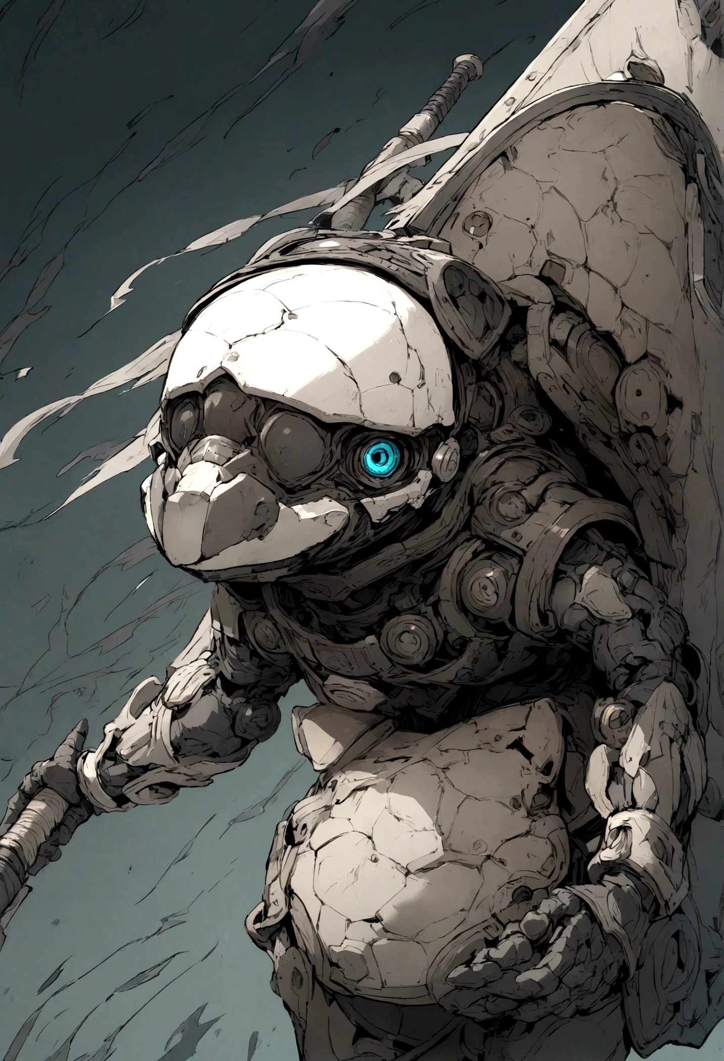 A short humanoid turtle holding a short sword and a standard shield.