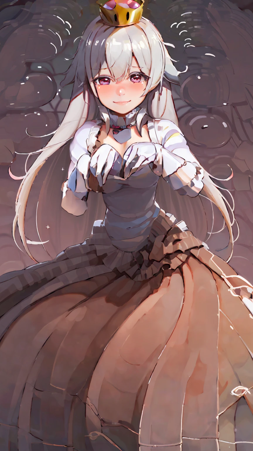 ((masterpiece,best quality)), absurdres, Boosette_Mario, 1girl, long hair, white hair, long white dress, ballroom dress, white gloves,  solo, smiling, blushing, looking at viewer, cowboy shot,