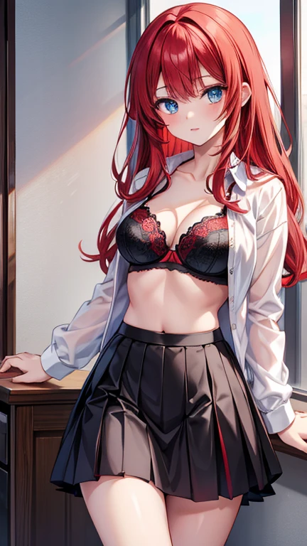 An anime girl with red hair and blue eyes wearing a skirt and an open shirt revealing a black and red lace bra