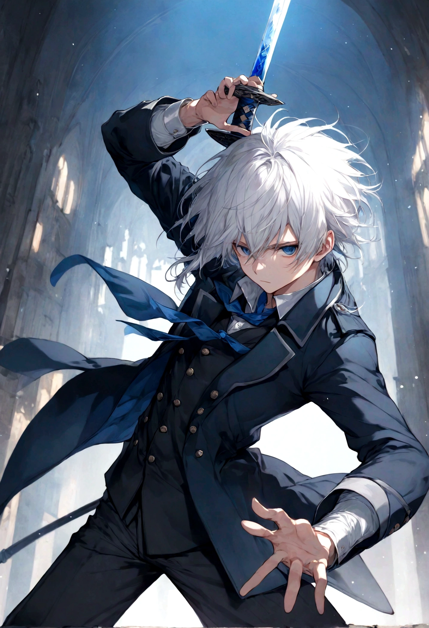 male, anime style, 2d, young, white hair, dark blue coat, dark grey pants, sword pose, high definition
