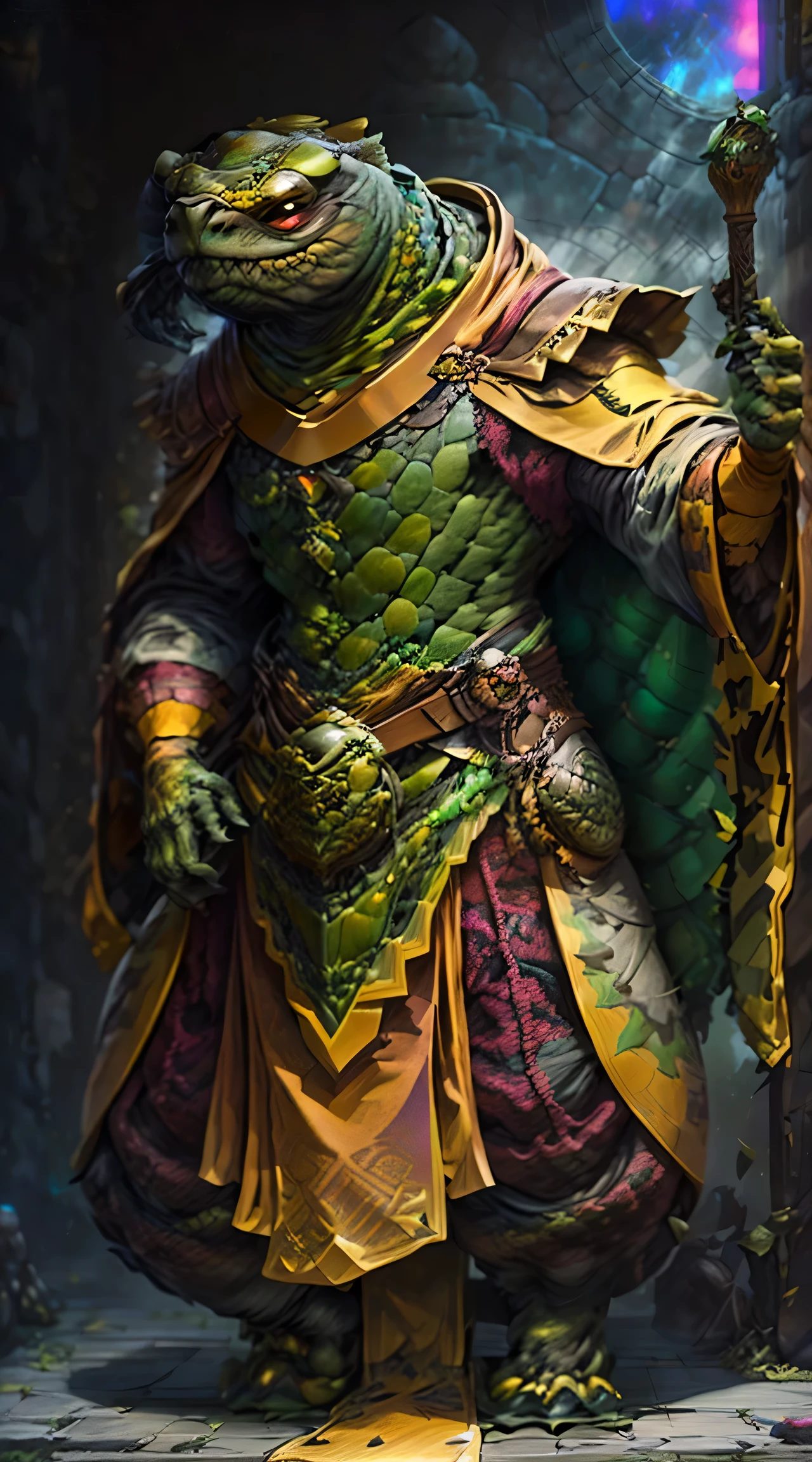 portrait, full body Anthropomorphic, old turtle, green skin, (turtle man), ((wearing yellow robes)), (fantasy creature) hunchback