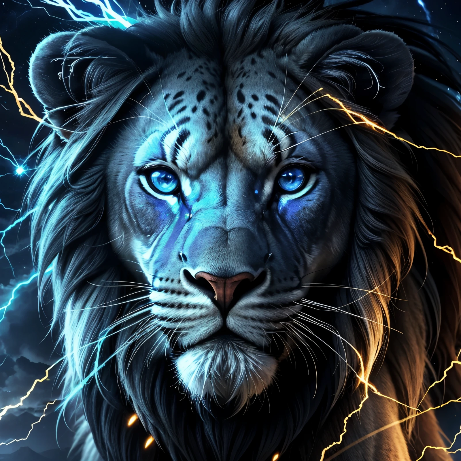 lion, Divine lion, naturais, Blue Bolts, Blue ThunderBolt, Blue Fire, Realistic Blue Fire, Realistic Thunders, Eletric Bolts, Realistic Detailed 8K, Detailed Realistic 16K, Strong, Feroz, Detailed Realistic Lion, Detailed Realistic Thunders, Blue Fire Realistic 8K, Cores Fotorrealista 8K, Cores Detalhadas 8K, Nitidez Fotorrealista 8K, Fotorrealismo ULTRAHD, Divine Blue Fire, Divine Eletric Blue Thunders, Sombras Fotorrealistas 8K, Textura Fotorrealista, Natureza, heavens, celestial, sky night, beauty sky, Noite, majestoso, majestoso Lion, majestoso Sky, Naturalmente Elegante, thunders, Sky thunders, Divine thunder, Linda, Golden, Stars Light, Sky Bolts, Blue Eletricity, Blue Bolts, Rendering, Fotorrealista, UltraHigh definition, 4K, texturasdetalhadas, thunder, sombras detalhadas, cores detalhadas, Natureza Linda, Grande Divino, contraste detalhado, Contraste realista, high resolution, cores detalhadas, fogo, eletricidade, divina criatura, 8k, Realista detalhado, 16K, 8k, High definition, contraste detalhado, Contraste realista, high resolution, cores detalhadas, fogo, eletricidade, divina criatura, 8k, Realista detalhado, elegante,